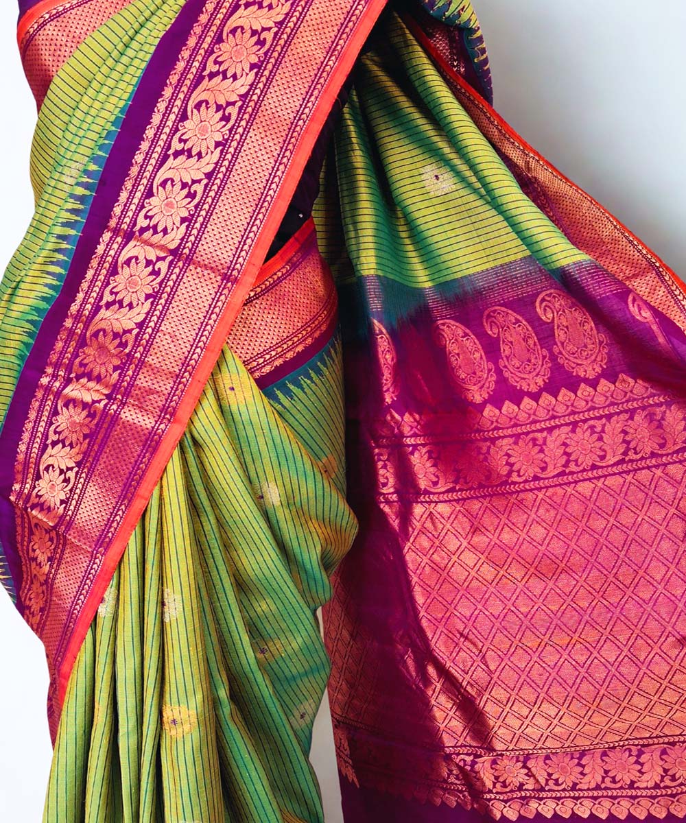 Olive green gadwal silk saree with temple border