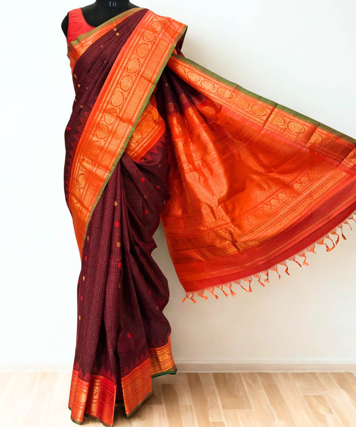 Maroon gadwal silk saree with temple border