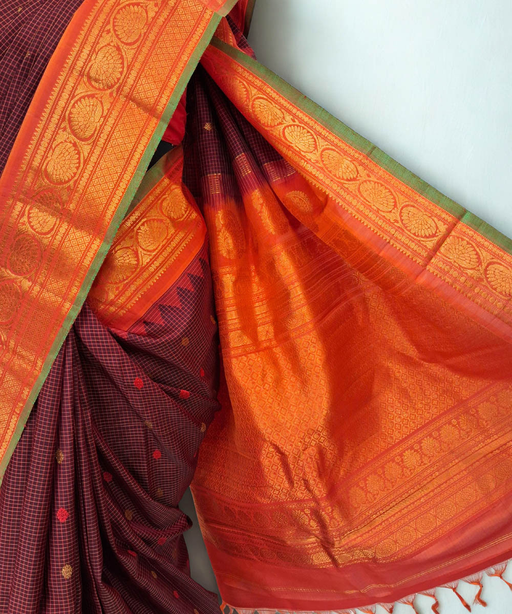Maroon gadwal silk saree with temple border