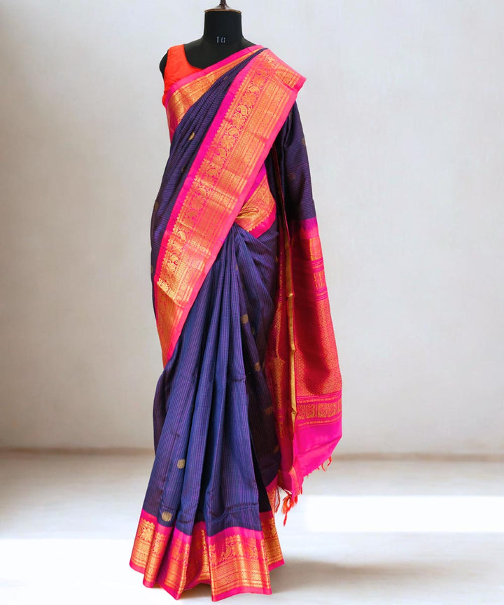 Navy blue pink checks gadwal silk saree