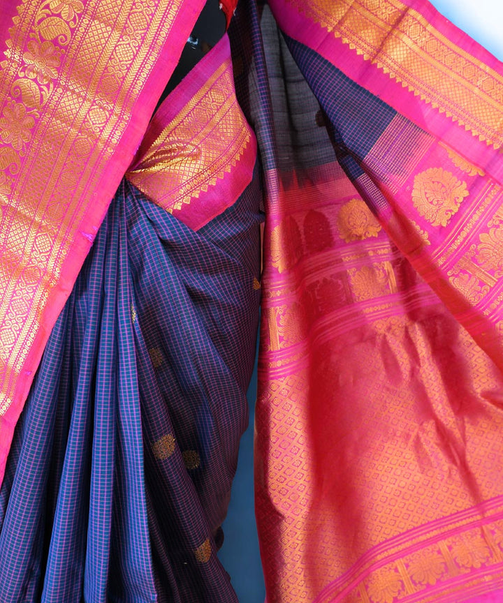 Navy blue pink checks gadwal silk saree