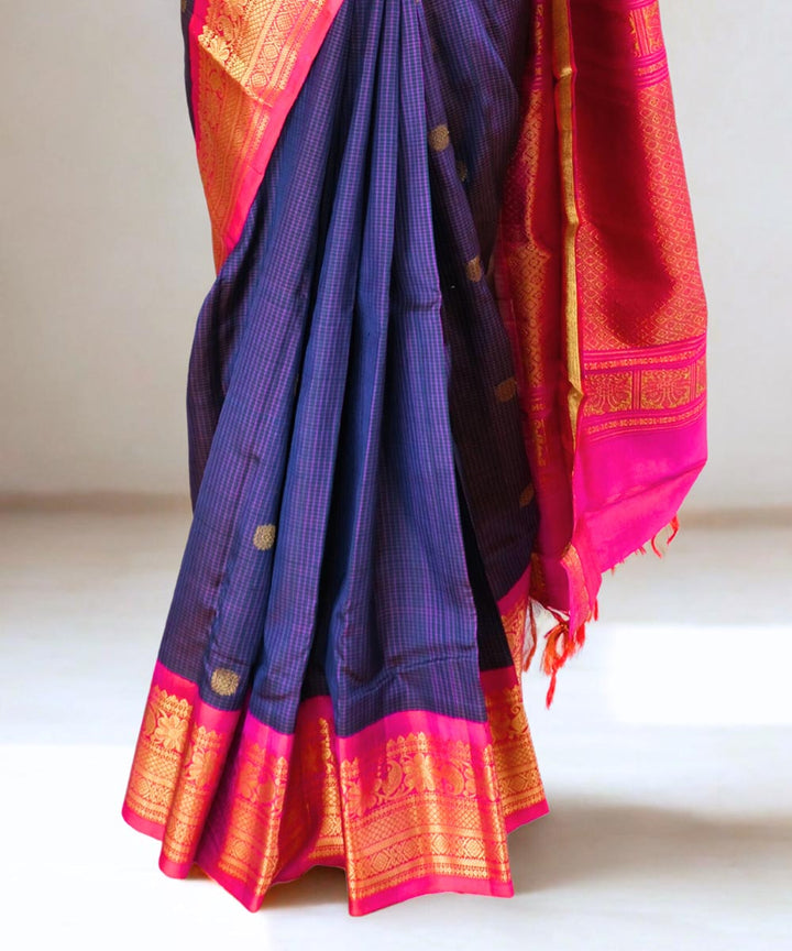 Navy blue pink checks gadwal silk saree