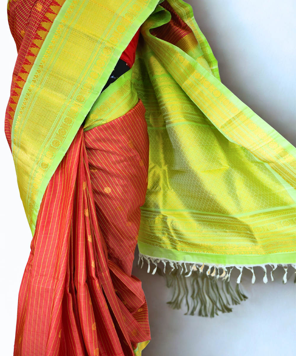 Rust checks gadwal silk saree with temple border