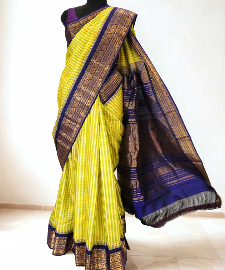 Pastel yellow checks silk gadwal handloom saree