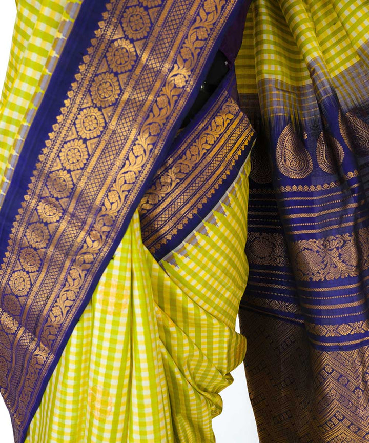 Pastel yellow checks silk gadwal handloom saree