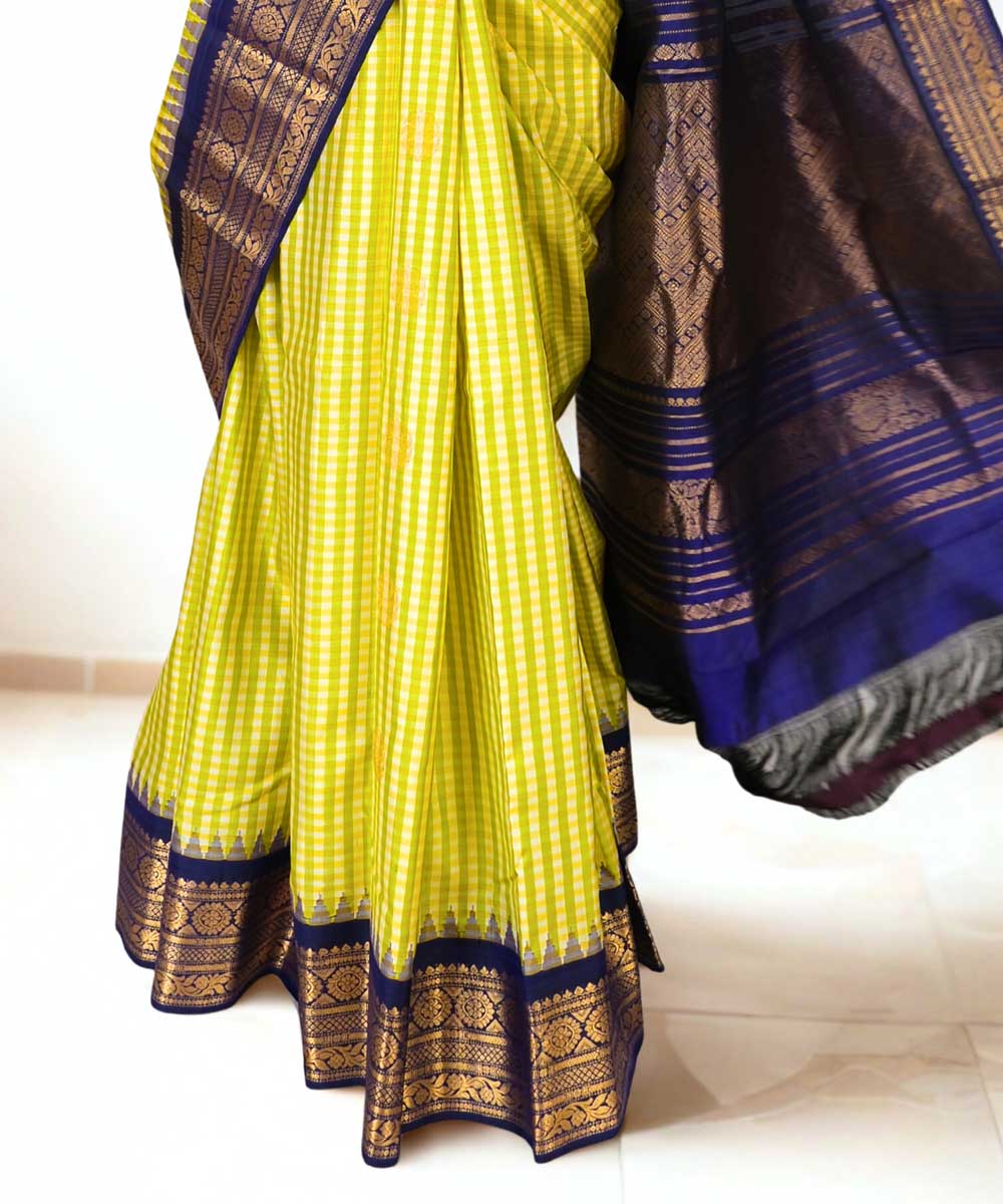 Pastel yellow checks silk gadwal handloom saree