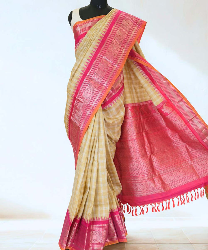 Beige checks gadwal silk saree with temple border