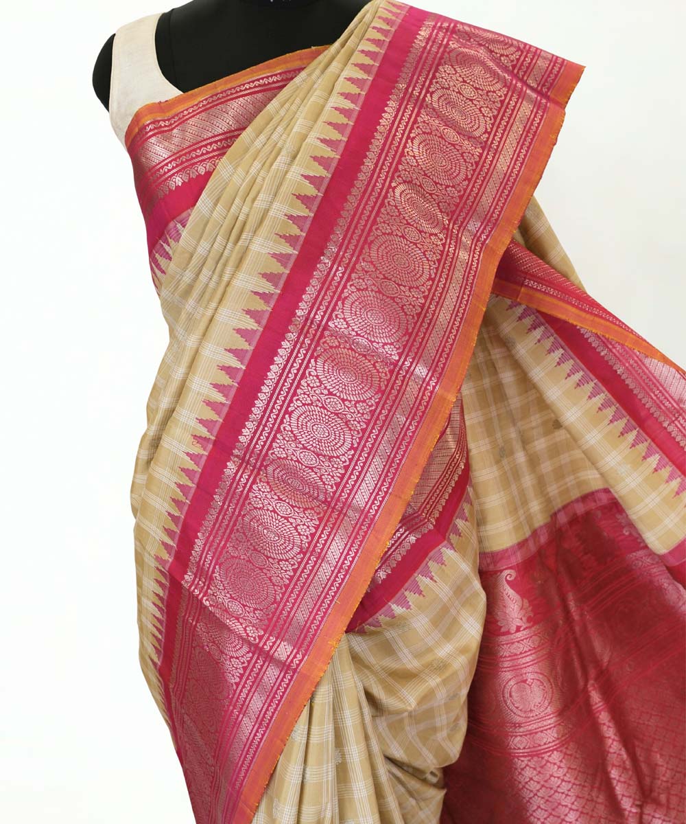 Beige checks gadwal silk saree with temple border