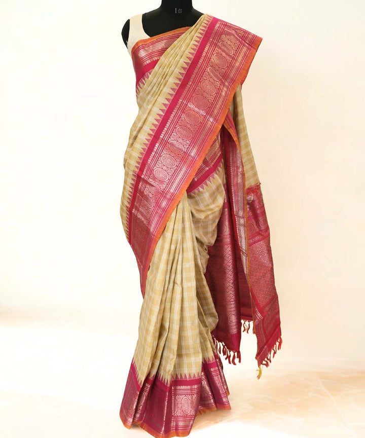 Beige checks gadwal silk saree with temple border