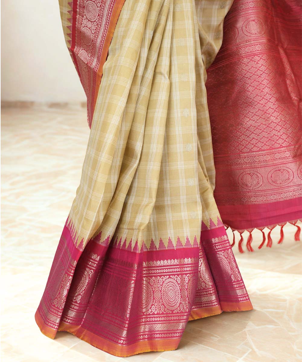 Beige checks gadwal silk saree with temple border