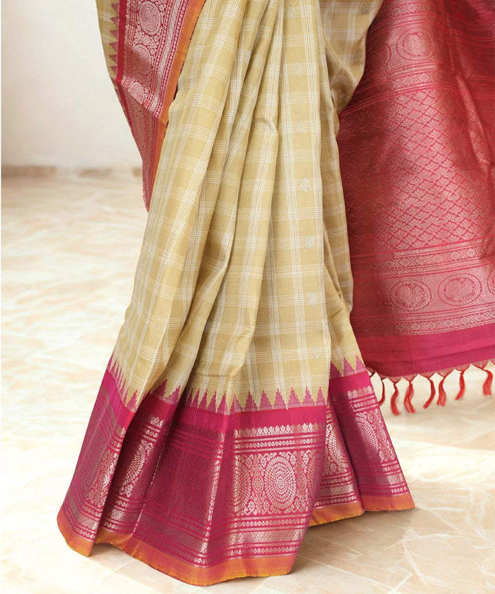 Beige checks gadwal silk saree with temple border