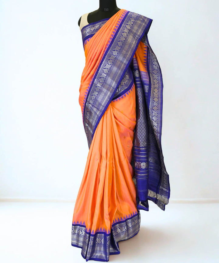 Peach gadwal silk saree with contrast blue border