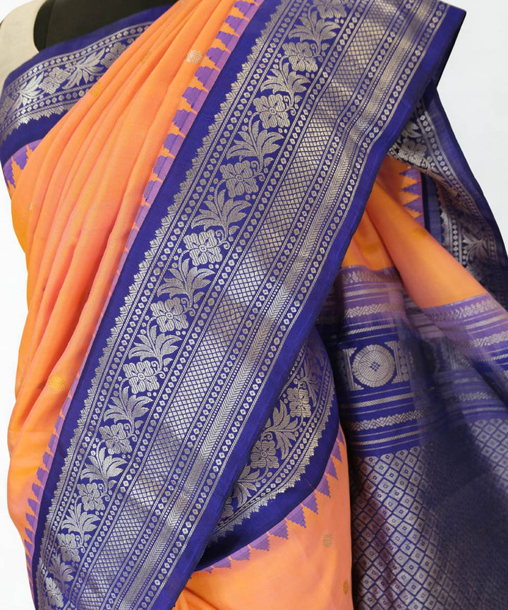 Peach gadwal silk saree with contrast blue border