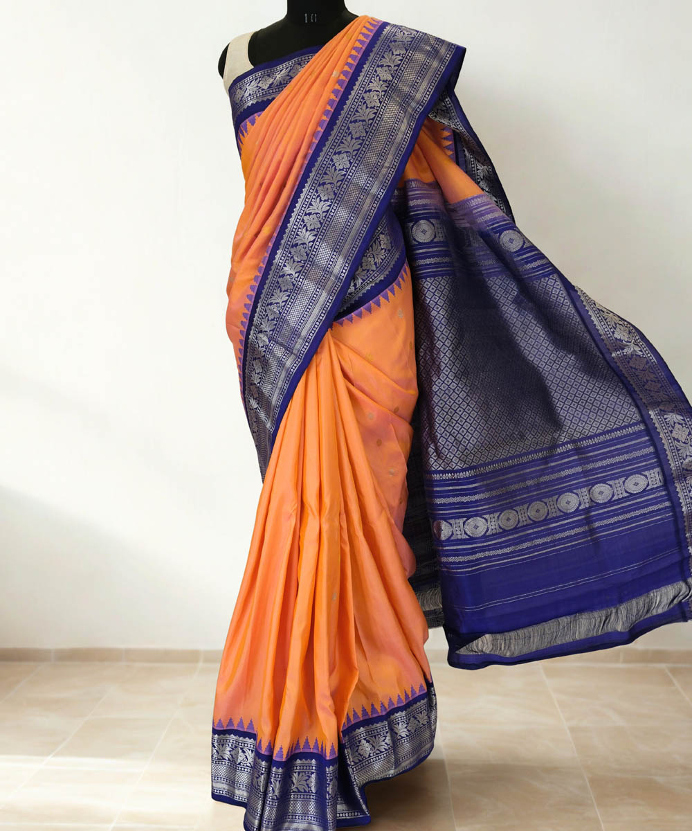 Peach gadwal silk saree with contrast blue border