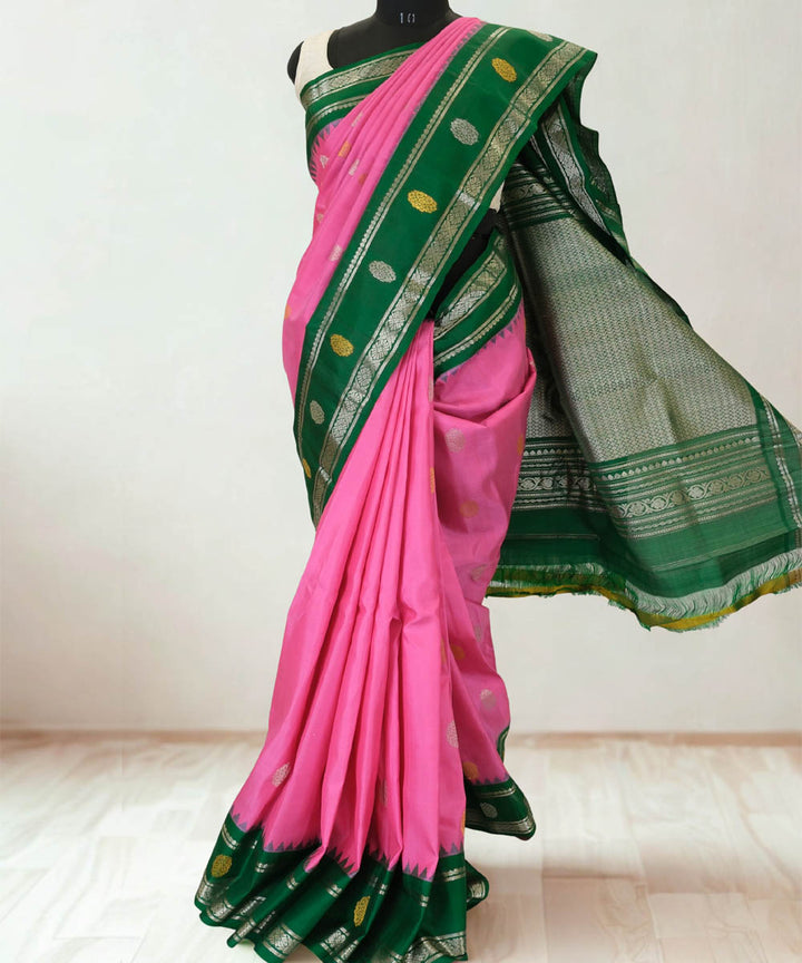 Pink gadwal silk saree with green temple border