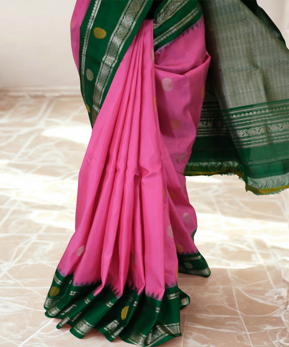 Pink gadwal silk saree with green temple border