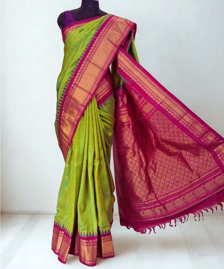 Parrot green gadwal silk saree with temple border