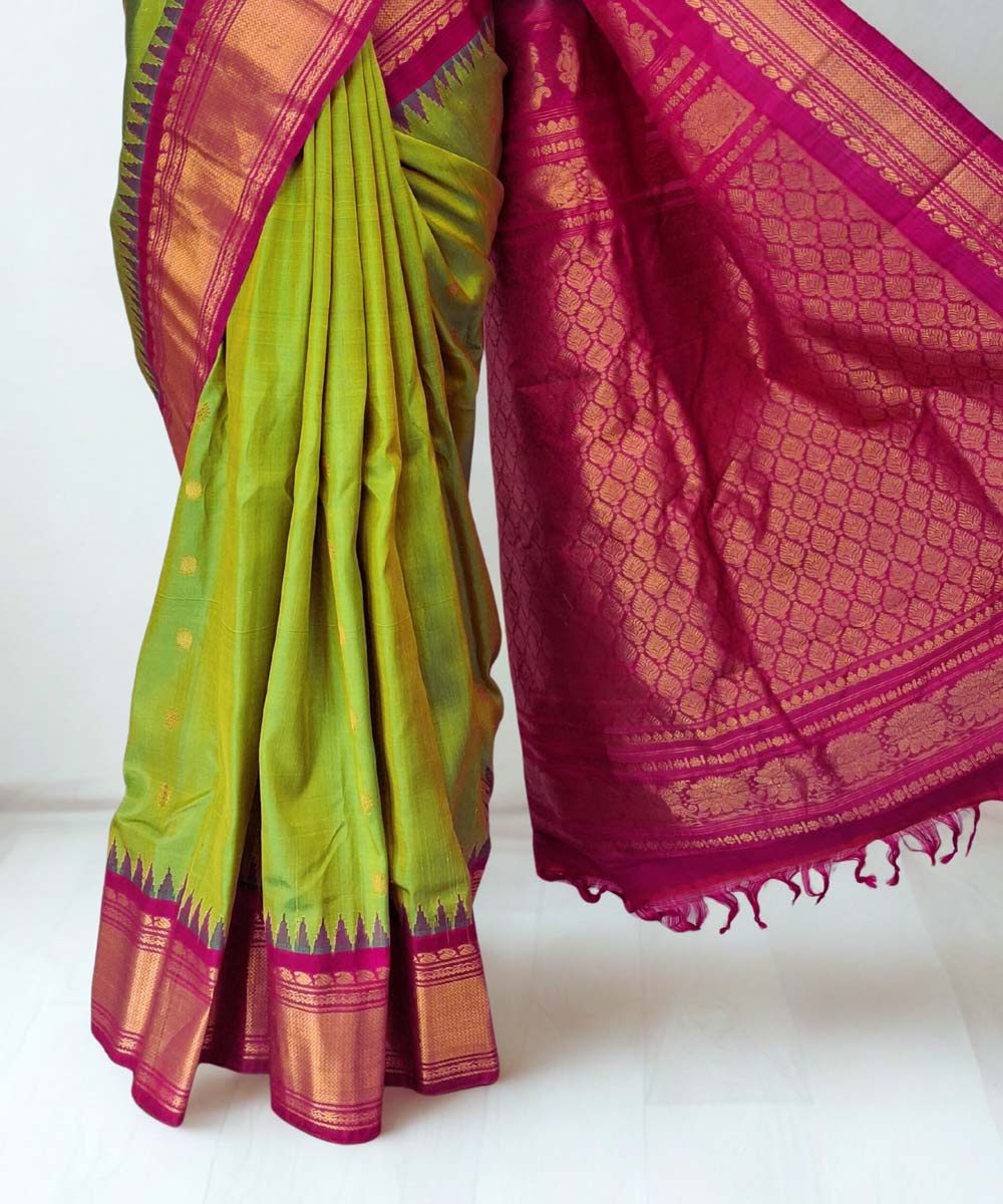 Parrot green gadwal silk saree with temple border