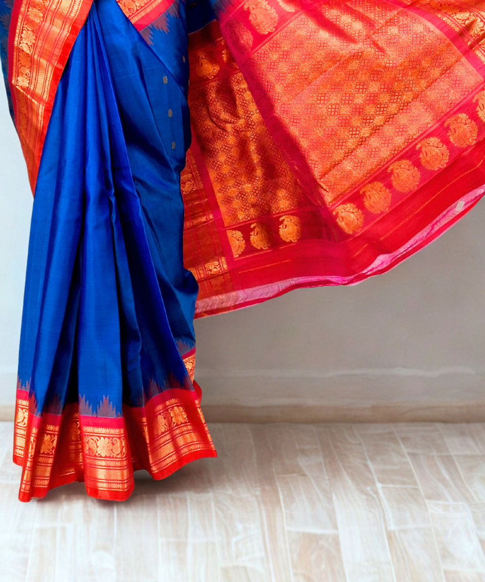Cobalt blue silk handloom gadwal saree