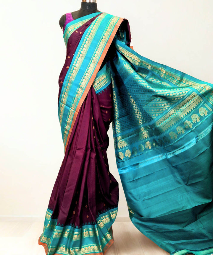 Deep wine gadwal silk saree with temple border
