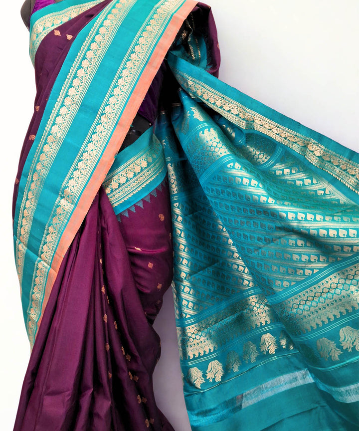 Deep wine gadwal silk saree with temple border