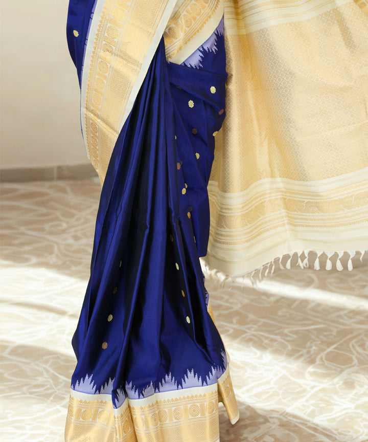 Navy blue silk gadwal saree with beige border