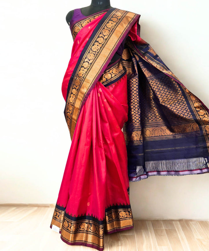 Fuchsia pink silk gadwal saree with temple border