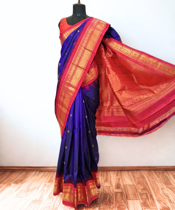 Navy blue silk gadwal saree with temple border