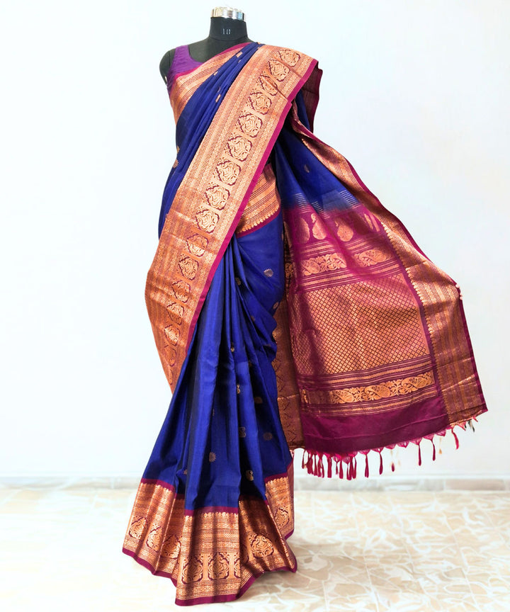 Navy blue purple handloom silk gadwal saree