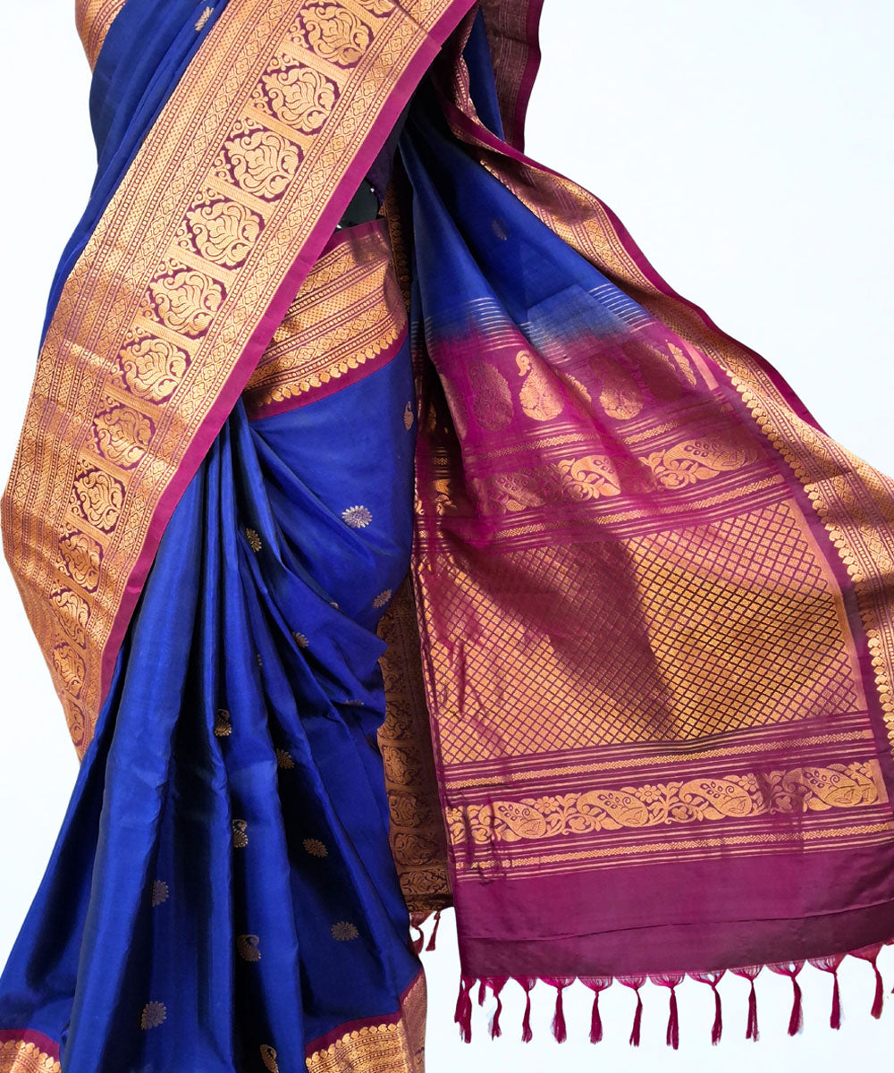 Navy blue purple handloom silk gadwal saree
