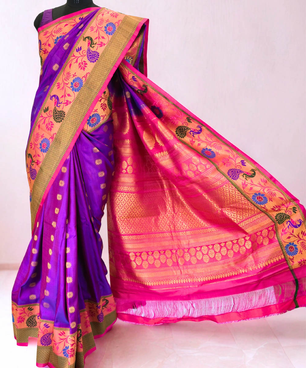Purple magenta gadwal silk saree with rich border