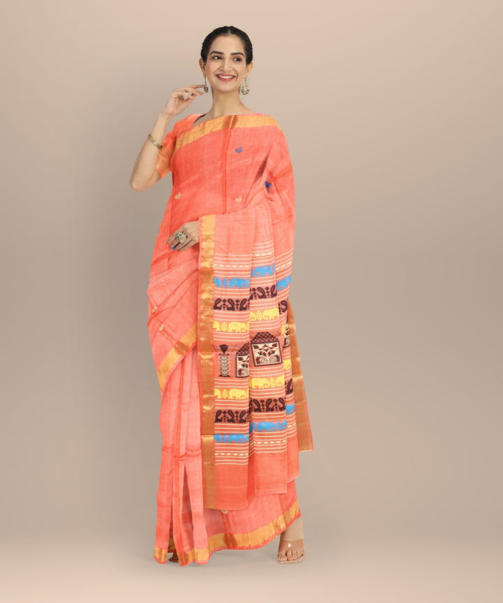 Orange black cyan golden tussar silk handwoven chhattisgarh saree