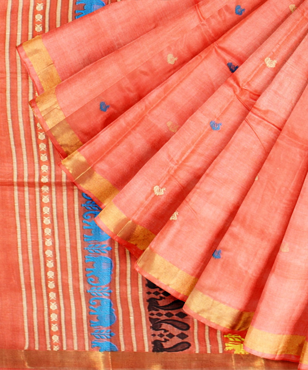 Orange black cyan golden tussar silk handwoven chhattisgarh saree