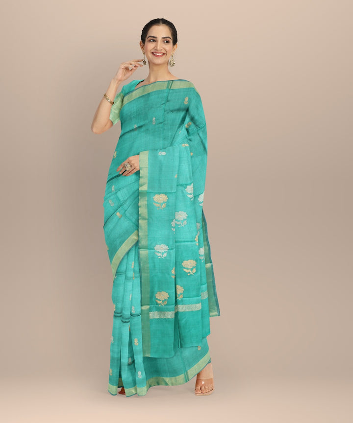 Cyan green silver tussar silk handwoven chhattisgarh saree