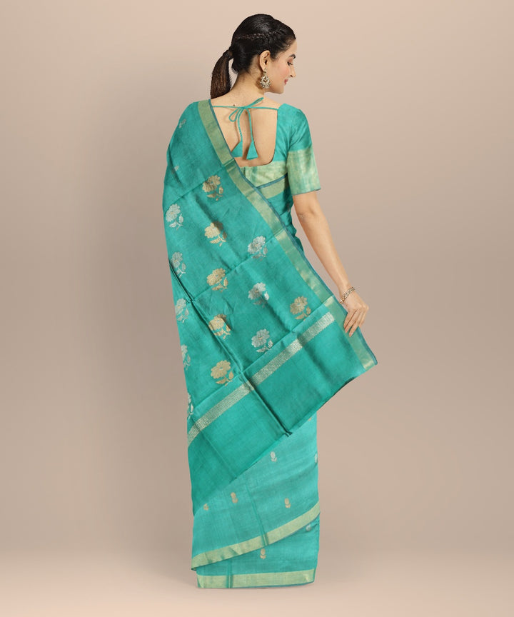 Cyan green silver tussar silk handwoven chhattisgarh saree