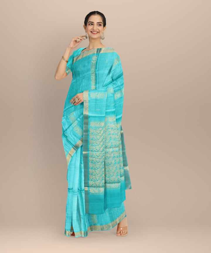 Cyan green tussar silk handwoven chhattisgarh saree