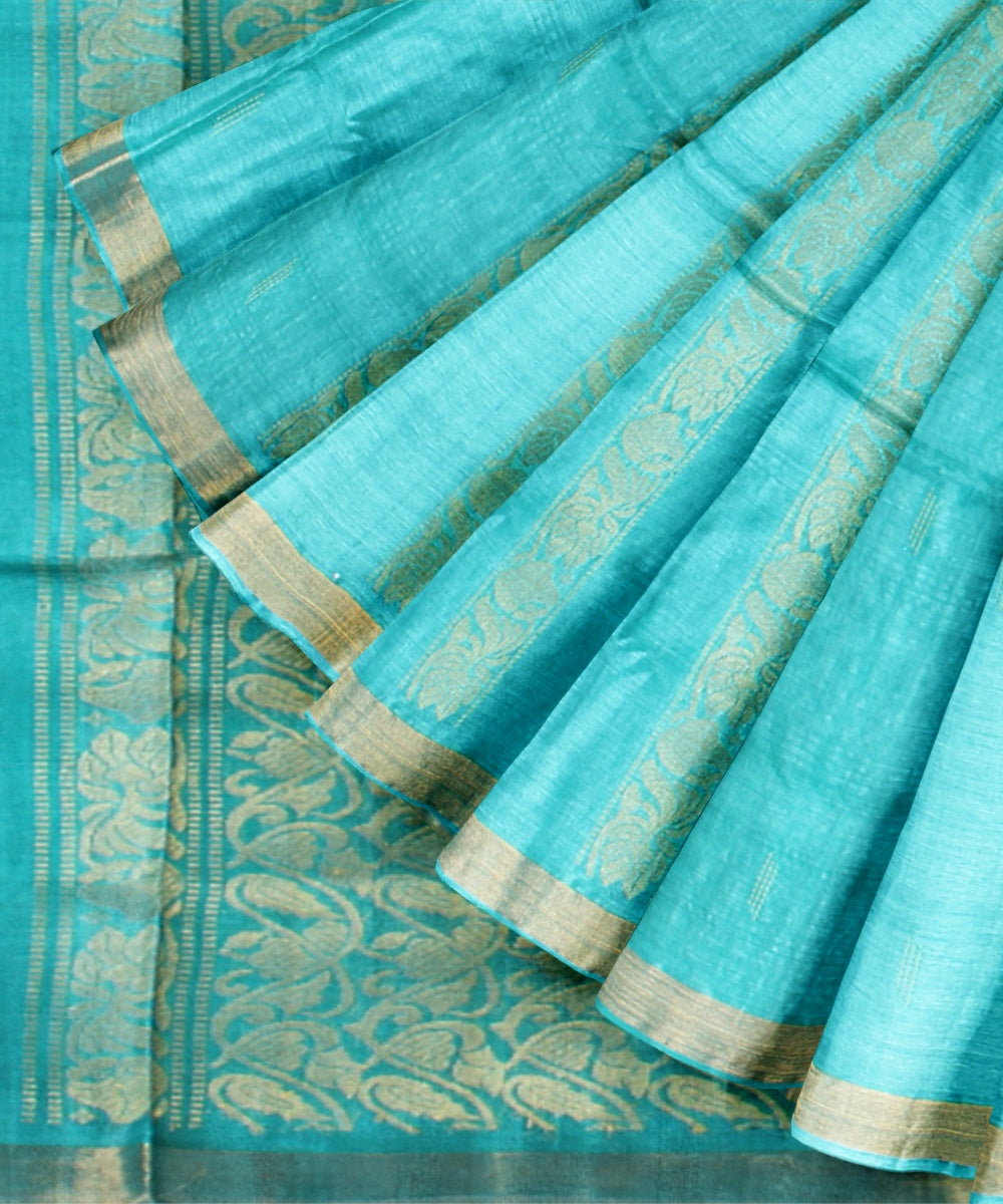 Cyan green tussar silk handwoven chhattisgarh saree