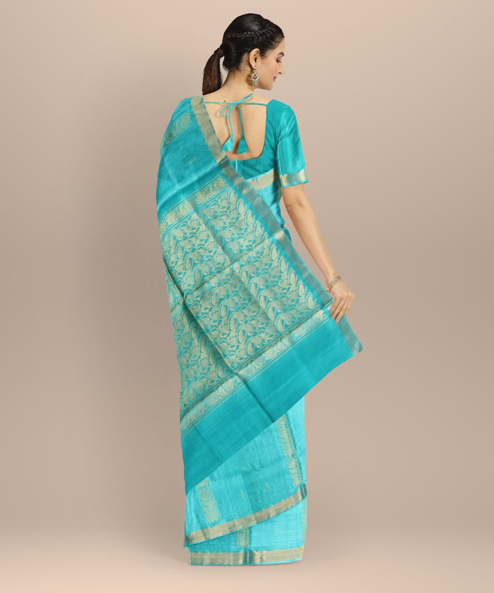Cyan green tussar silk handwoven chhattisgarh saree