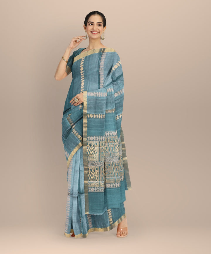Turquoise handwoven tussar silk chhattisgarh saree