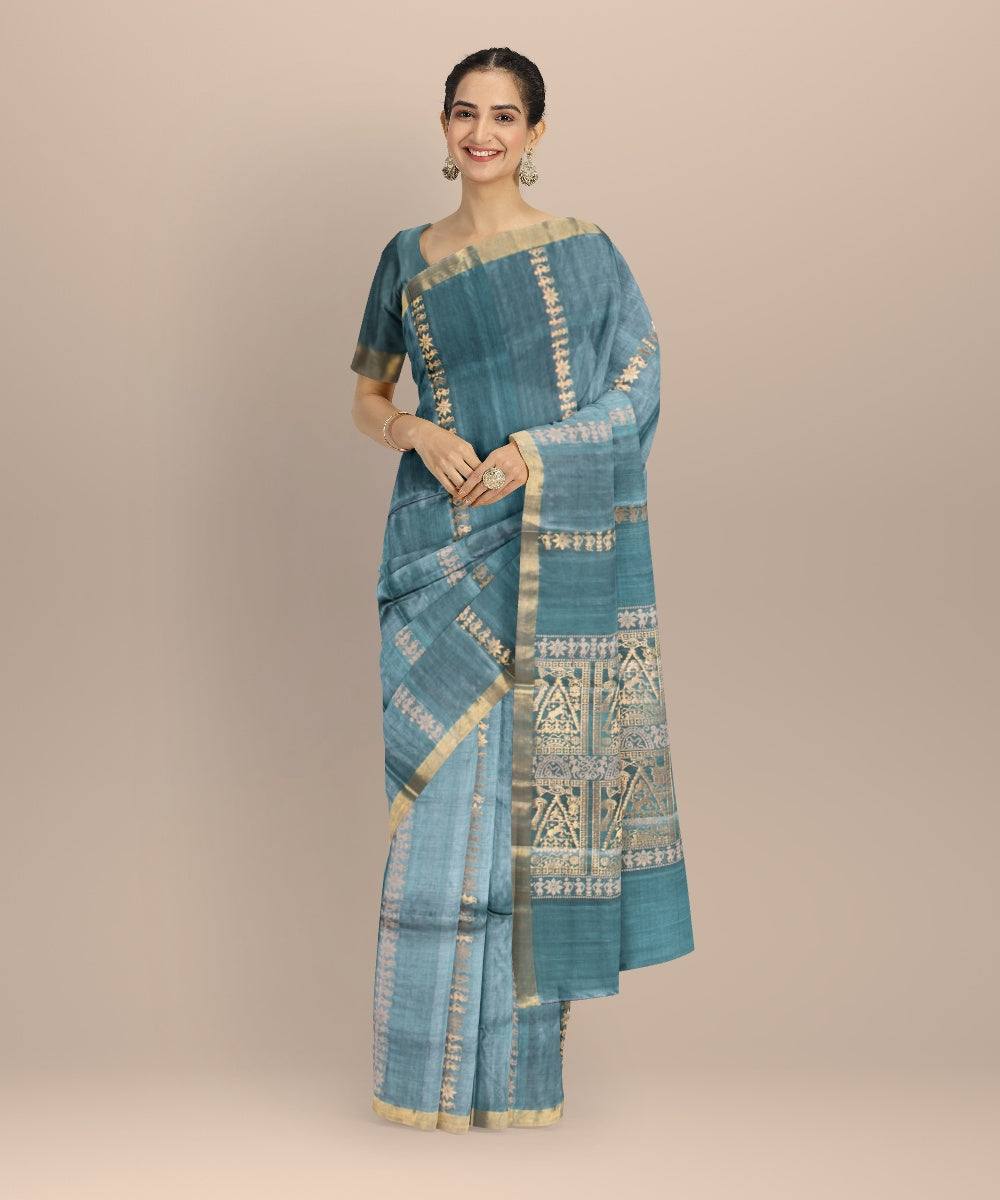 Turquoise handwoven tussar silk chhattisgarh saree