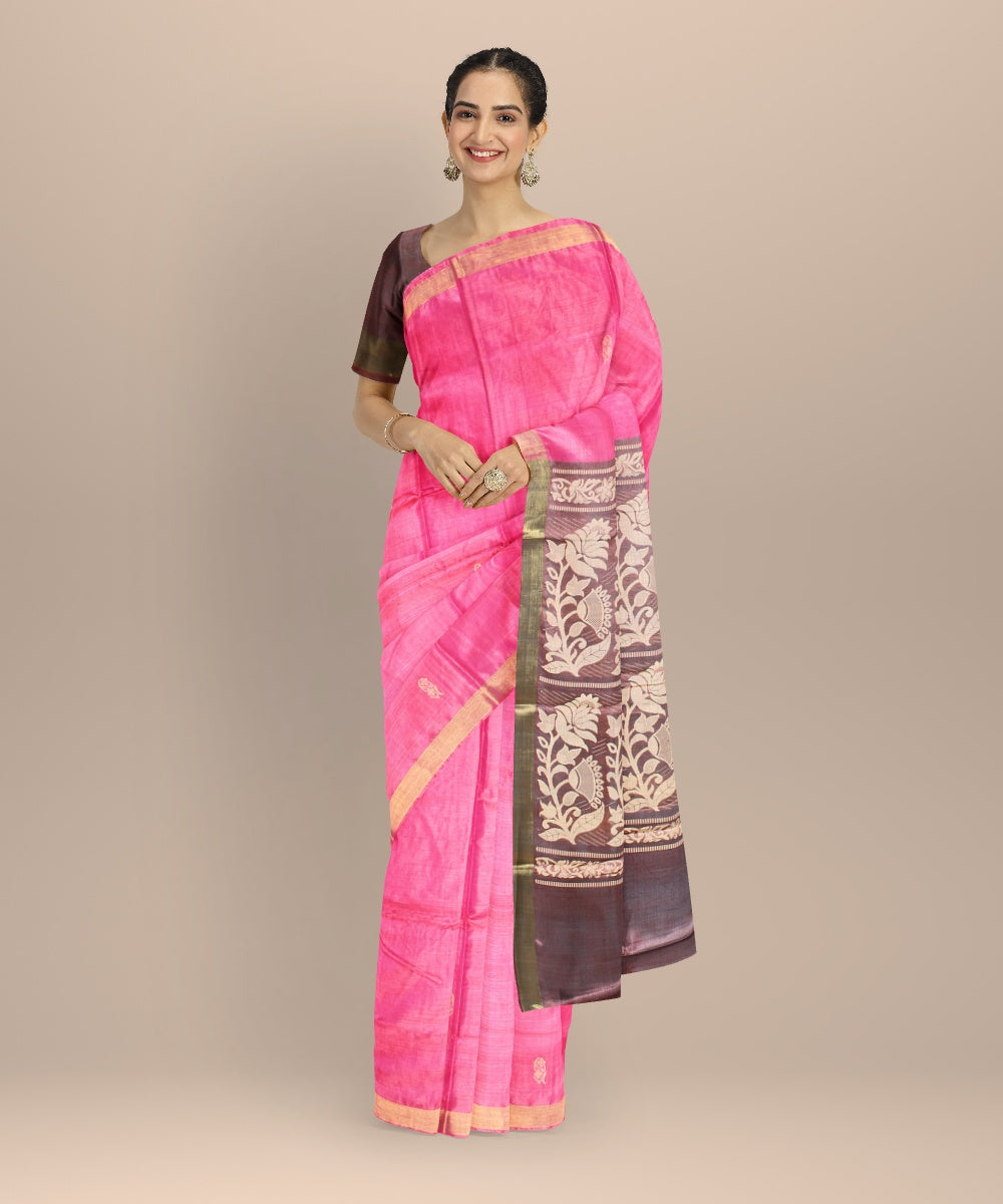 Pink tussar silk hand woven chhattisgarh saree