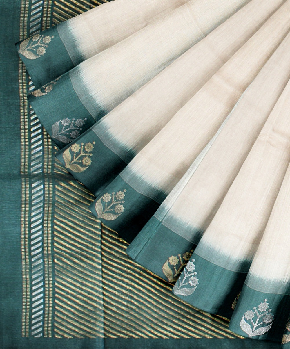 Beige dark green tussar silk handwoven chhattisgarh saree