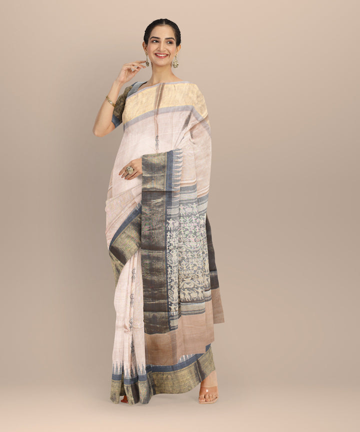 Beige black tussar silk handwoven chhattisgarh saree