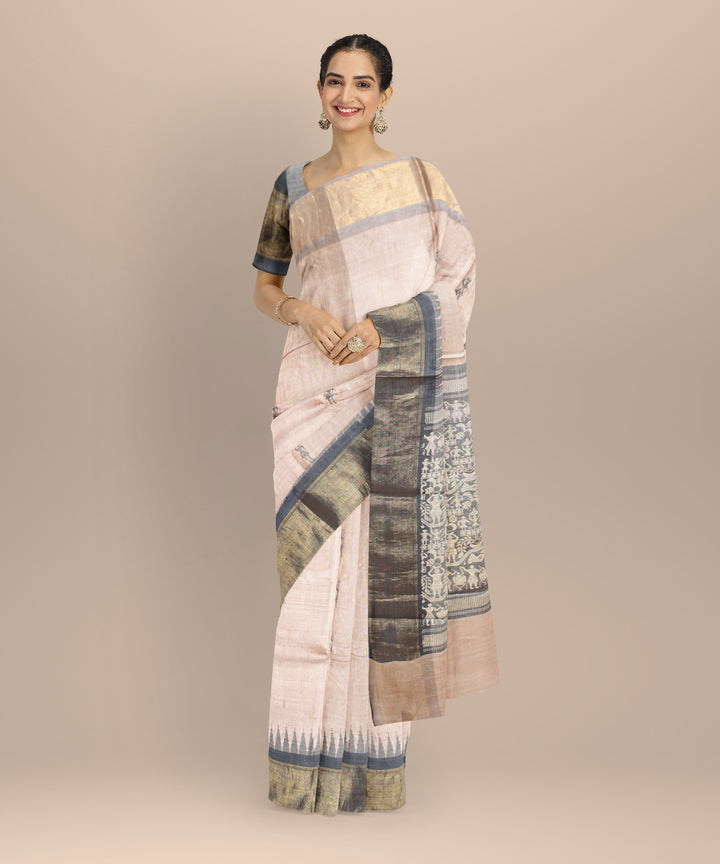 Beige black tussar silk handwoven chhattisgarh saree