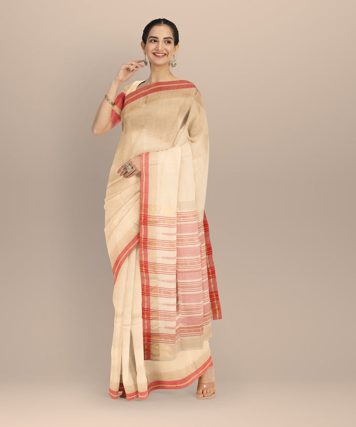 Beige red tussar silk chhattisgarh handloom saree