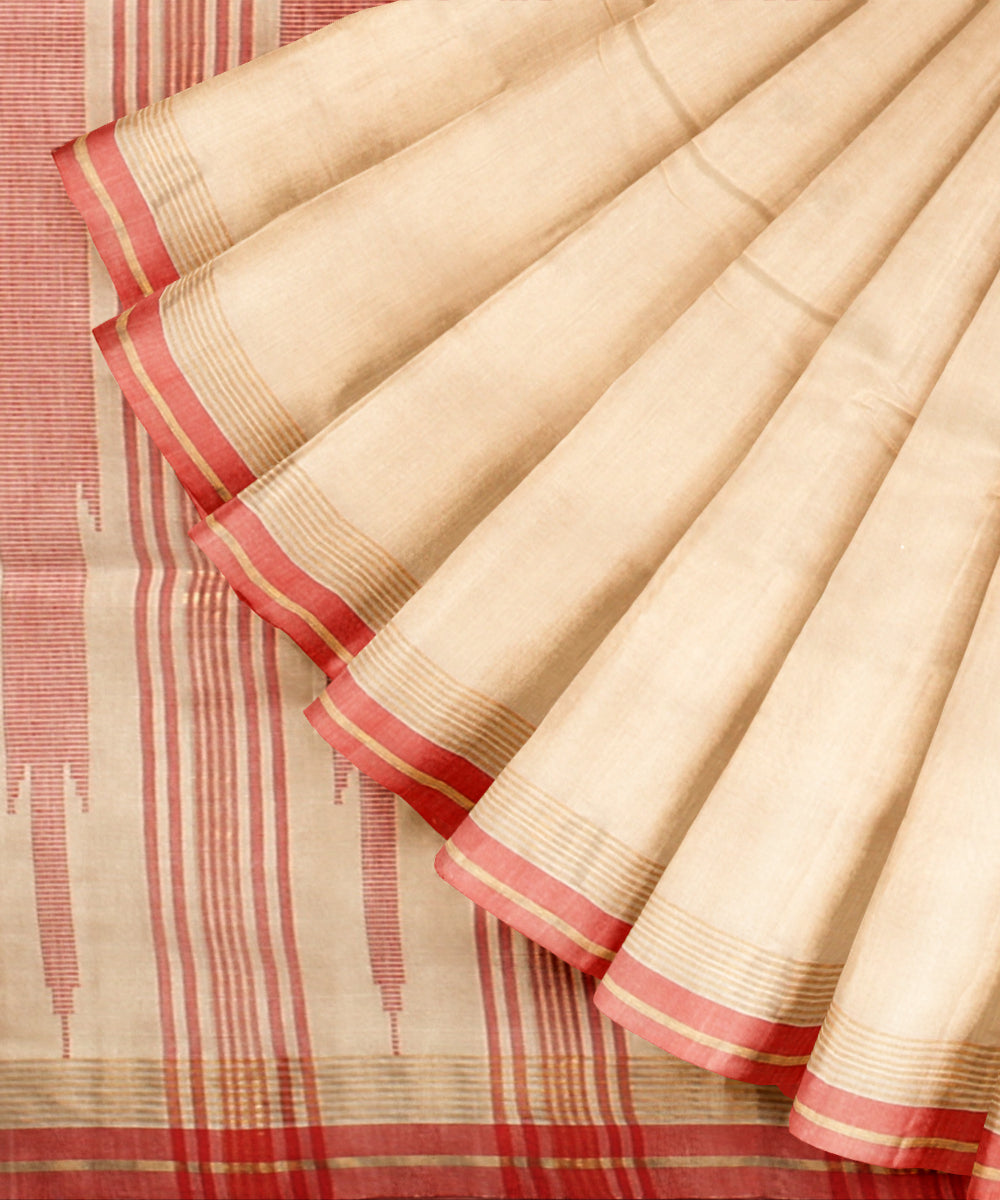 Beige red tussar silk chhattisgarh handloom saree