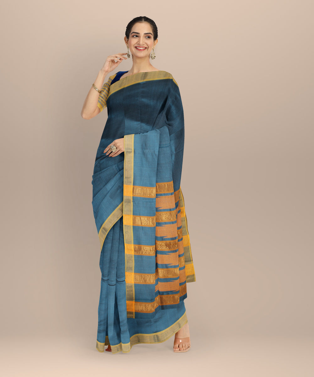 Navy blue mustard tussar silk chhattisgarh handloom saree