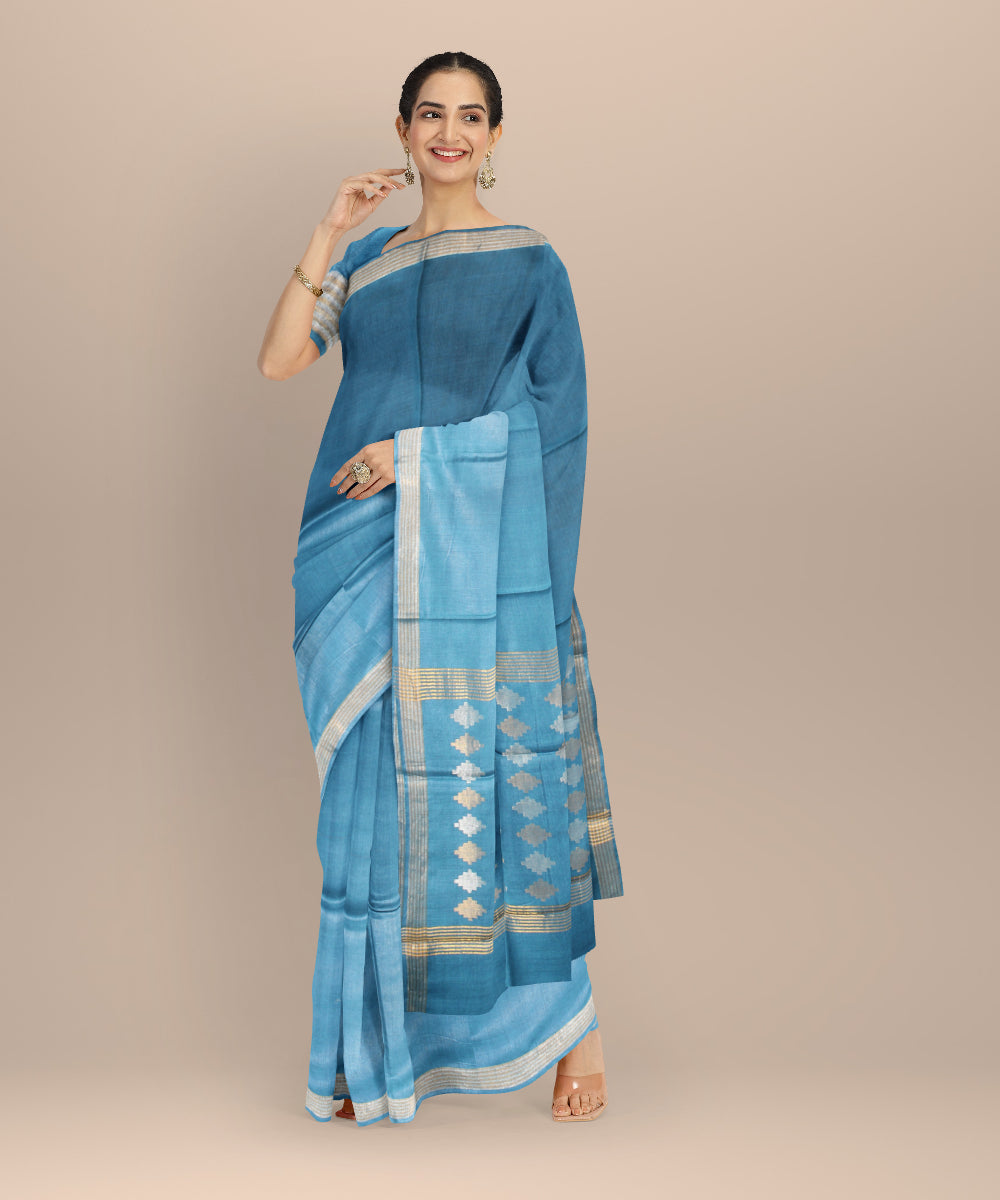 Navy blue gold silver zari tussar silk chhattisgarh handloom saree