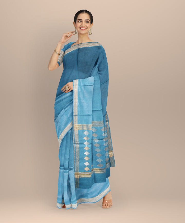 Navy blue gold silver zari tussar silk chhattisgarh handloom saree