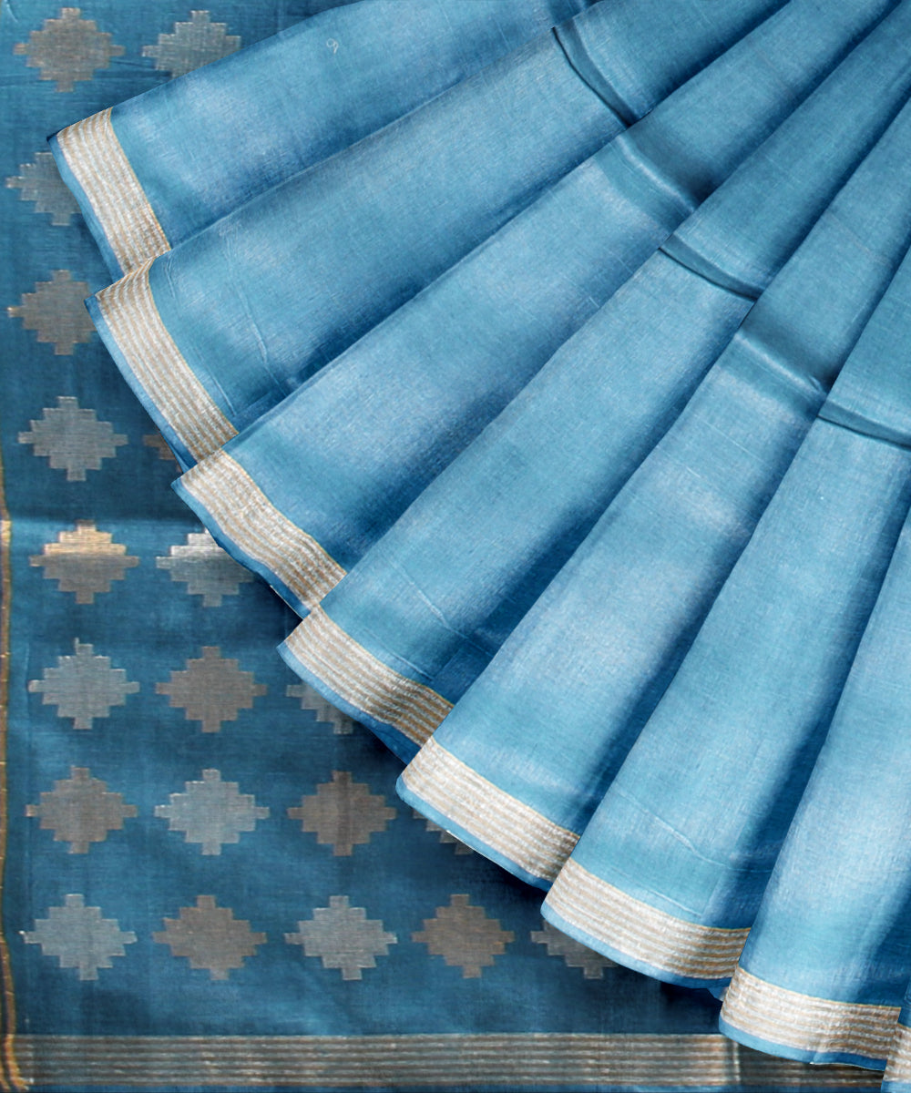 Navy blue gold silver zari tussar silk chhattisgarh handloom saree